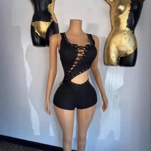 Women’s Clothing Strapless Sexy Navel Revealing Slim Fit T Shirt Jumpsuit Sleeveless Lace up Short Romper with Tie Front