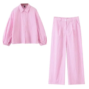 Women’s Clothing Summer Casual Simple Versatile Lapel Striped Shirt and Trousers Set