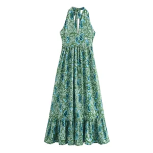 Women’s Clothing Summer New Fashion Retro Sexy Backless Print Halter Neck Dress