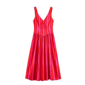 Women’s Clothing Summer New Fashion Rope Knot V-Neck Striped Suspender Dress 2680311