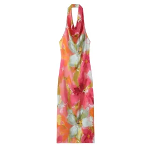 Women’s Clothing Summer New Fashion Sweet Floral Textured Halter Neck Sexy Backless Dress