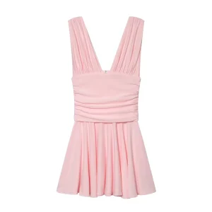 Women’s Clothing Summer New Fashionable Simple Versatile V Neck Sleeveless Pleated Mini Dress 1528302