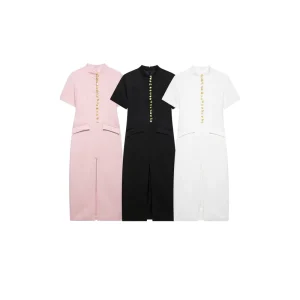 Women’s Clothing Summer New Fashionable and Elegant Versatile Metal Button-Down Slit Slim Fit Dress