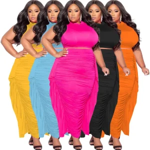 Women’s Clothing Summer Stylish Plus Size Women’s Clothing Sexy Tight Sleeveless Top With Fringed Skirt Set