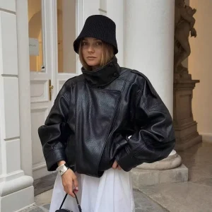 Women’s Clothing Vintage Style Long-sleeved Leather Jacket Coat