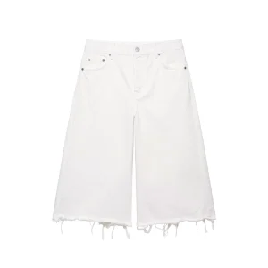 Women’s Clothing White Denim Straight Shorts Custom Retro Simple Hem Trimming Slimming Casual Jeans Shorts