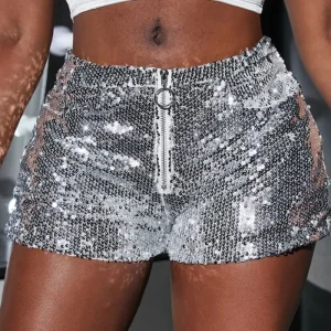 Women’s Club Party Glitter Silver Black Shorts Sexy Sequin Zipper Shorts