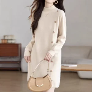 Women’s Coat Sweater Dress Autumn Winter Thick Knitted Spaghetti Strap Nylon/Cotton Medium Length Inner Base