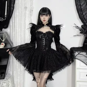 Women’s Collarless Gothic Lolita Corset Dress Black Strapless Jacquard Mini Dress Lace Trim Front Lace-up Bodice High-Waist