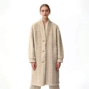Women’s Collarless Regular Length Soft Long Sleeve Vegan Polyester Rayon Casual Winter Fur Coat Natural Color Closure Free