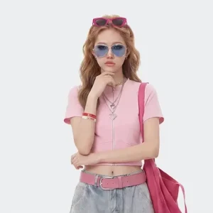 Women’s College style Small Zipper Cardigan Slimming Waist Elastic Zip up Short sleeved Cardigan T shirt for Women