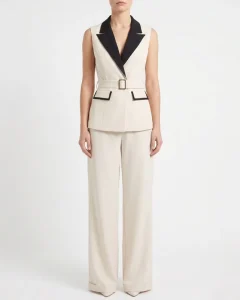 Women’s Color Block Blazer Vest and Wide Leg Pants 2 Piece Set Sleeveless Lapel Waist Cinch Belt Office Commuter Business Outfit