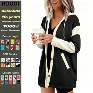 Women’s Color Block Hooded Cardigan Black & Beige Button Up with Pockets Long Sleeve Casual Outerwear
