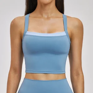 Women’s Color Contrast Square Neck Quick Dry Padded Running Sports Bra