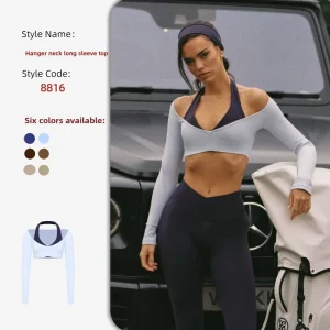 Women’s Color Matching Fake Two-piece Sports Long-sleeved Halter Neck Pilates Yoga Fitness Clothes Slim-fit Moisture Wicking