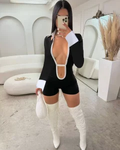 Women’s Colorblock Collar Cutout Long Sleeve Romper Bodycon Backless Casual Short Jumpsuit Yoga Set Workout Clothing