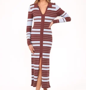 Women’s Colorblock Striped Ribbed Knit Midi Dress Polo Neck Bodycon Sweater Dress with Slit Casual Long Sleeve Dress