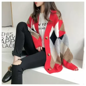 Women’s Colorful Cardigan Argyle Pattern Knit Sweater