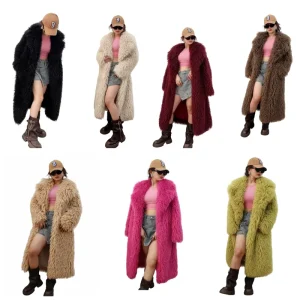 Women’s Colorful Printed Faux Fur Mongolian X Long Winter Coat Wide waisted Loose Fit Turn down Collar