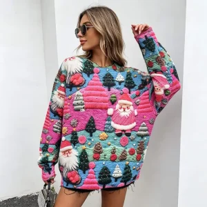 Women’s Colorful Santa Tree Print Knit Sweater Casual Crewneck Oversized Long Sleeve Breathable Soft Casual Daily Wear Garment