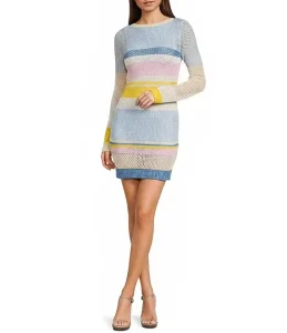 Women’s Colorful Striped Openwork Knit Mini Sweater Dress Long Sleeve Bodycon Casual Dress for Spring Summer