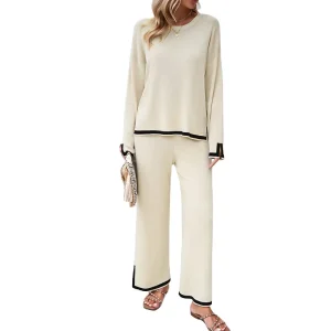 Women’s Comfortable 2 Piece Sweater Knit Lounge Set Pullover Tops & Wide Leg Pants Outfits