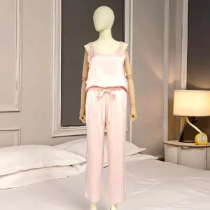 Women’s Comfortable Acetate Satin Sleeveless PJ Set Solid Elastic Waist Pants Summer Drawstring Satin Pajamas Sleepwear