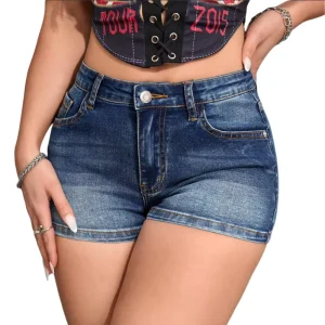 Women’s Comfortable Casual Straight Style Skinny Denim Shorts Low Waist Stretch Jeans Breathable Sexy Print Colored Washed