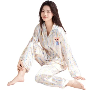 Women’s Comfortable Sleepwear Set With Lapel Collar Silk like Striped Print Long Sleeves and Pants