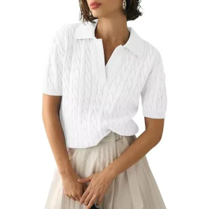 Women’s Comfortable Solid Lapel V Neck Cotton Knit Pullover Shirt Casual Short Sleeve Sweaters Tops Classic Design Soft Clothes