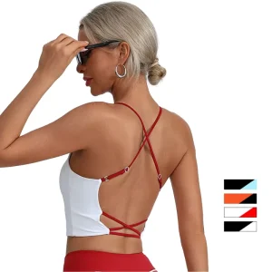 Women’s Contrast Color Adjustable Strap Crisscross Open Back Cropped Breathable High Support Sports Bra Yoga Fitness