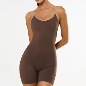 Women’s Contrast Color Fitness Romper Logo Customizable Bodysuit Removable Padded Sleeveless Sculpt Yoga Jumpsuit Soft Sports