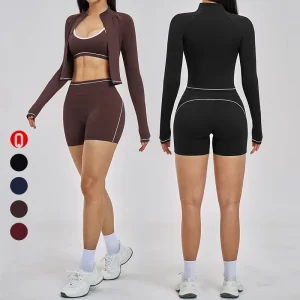 Women’s Contrast Color Zip Up Yoga Jacket Windproof Slim Fit Coat Sports Bra Running Fitness Wear Shorts 3 Piece Activewear Set