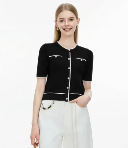 Women’s Contrast Piping Short Sleeve Knit Cardigan, Round Neck Waffle Texture Button Down Luxury Knit Top