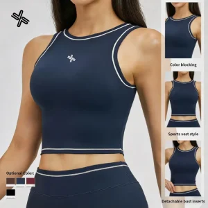 Women’s Contrast Piping Sports Tank Top Round Neck Cropped Yoga Tank with Removable Pads Gym Workout Bra