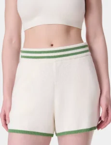 Women’s Contrast Trim Knit Shorts Striped Elastic Waist Ribbed Cuffs Side Pocket Casual Retro Knitted Sweat Shorts