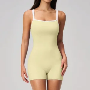 Women’s Contrast Trim Square Neck Backless Yoga Romper Nude Feel Form-Fitting One Piece Workout Bodysuit
