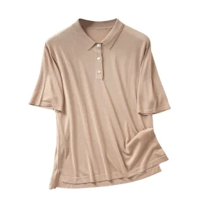 Women’s Cool Acetate Silk Blend Top Turn Down Collar Vintage Casual Style Long Thin Old Money Loose Short Polo Shirt for Summer