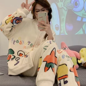 Women’s Coral Fleece Pajamas Winter Thickened Flannel Set Kimono Collar Buttons Pocket Soft Warm Home Wear Outer Wear