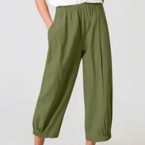 Women’s Cotton Ankle length Pants Casual Loose Oversize Work Trousers Solid Color Elastic Waist Pant Harem Pants