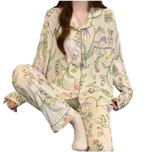 Women’s Cotton Blend Pajama Set Long Sleeve Elastic Waist Casual Sleepwear Two Piece Nightwear