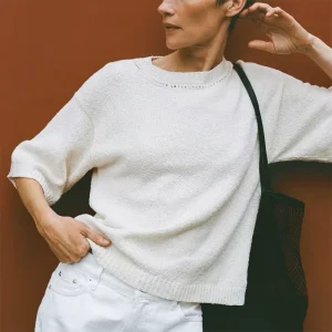 Women’s Cotton Boucle Knit Sweater Cream White Crew Neck Elbow Sleeve Loose Fit Casual Spring Summer Pullover
