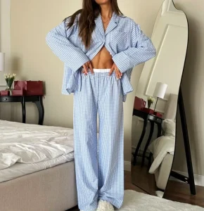 Women’s Cotton Gingham Long sleeve & Shorts Pajama Set Spring Cardigan Style Loungewear