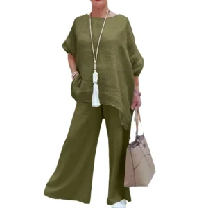 Women’s Cotton Linen Casual Plus Size Two Piece Set Long Sleeve Suit with Wide Leg Pants Solid Pattern Knitting Fabric