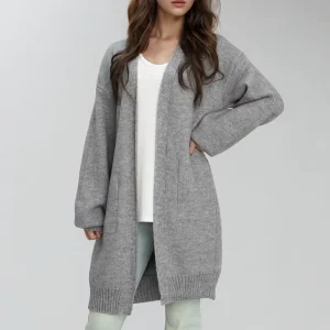 Women’s Cotton Long Knit Cardigan Ladies Straight Fit V Neck Knitwear Long Sleeve Open Front Sweater with Pockets