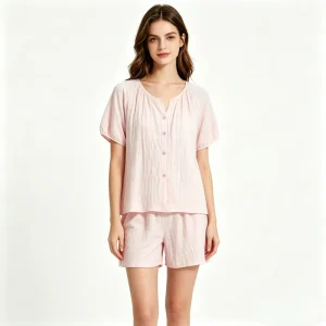 Women’s Cotton Loungewear Set Custom 2 Piece Short Sleeve Pajamas Casual Home Wear for Ladies