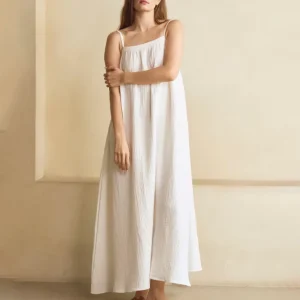 Women’s Cotton Muslin White Cami Maxi Dress Comfortable Casual Lounge Wear for Summer Breathable Style