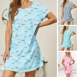 Women’s Cotton Nightgown Sleepwear Short Sleeves Nightshirt Print Sleepdress Loose Comfy Pajama
