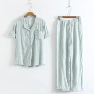 Women’s Cotton Pajamas Set Elastic Waist Lightweight Summer Sleep Wear Short Sleeve Casual Home Loungewear Pants Soft
