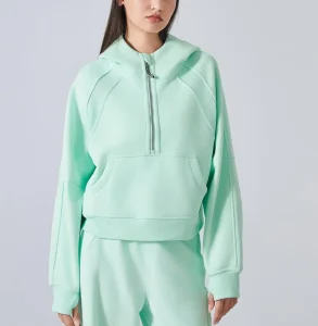 Women’s Cotton Polyester Breathable Zipper Hoodie Split Rib Trendy Half Zip Sweatshirt Autumn Slim Fit Fleece Jumper